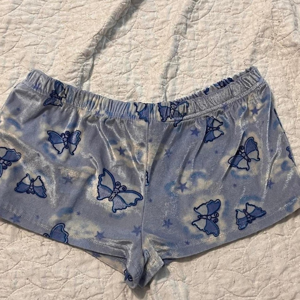 Vintage Y2K Blue Velvet Butterfly Star Print Sleep Lounge Shorts Fairycore L